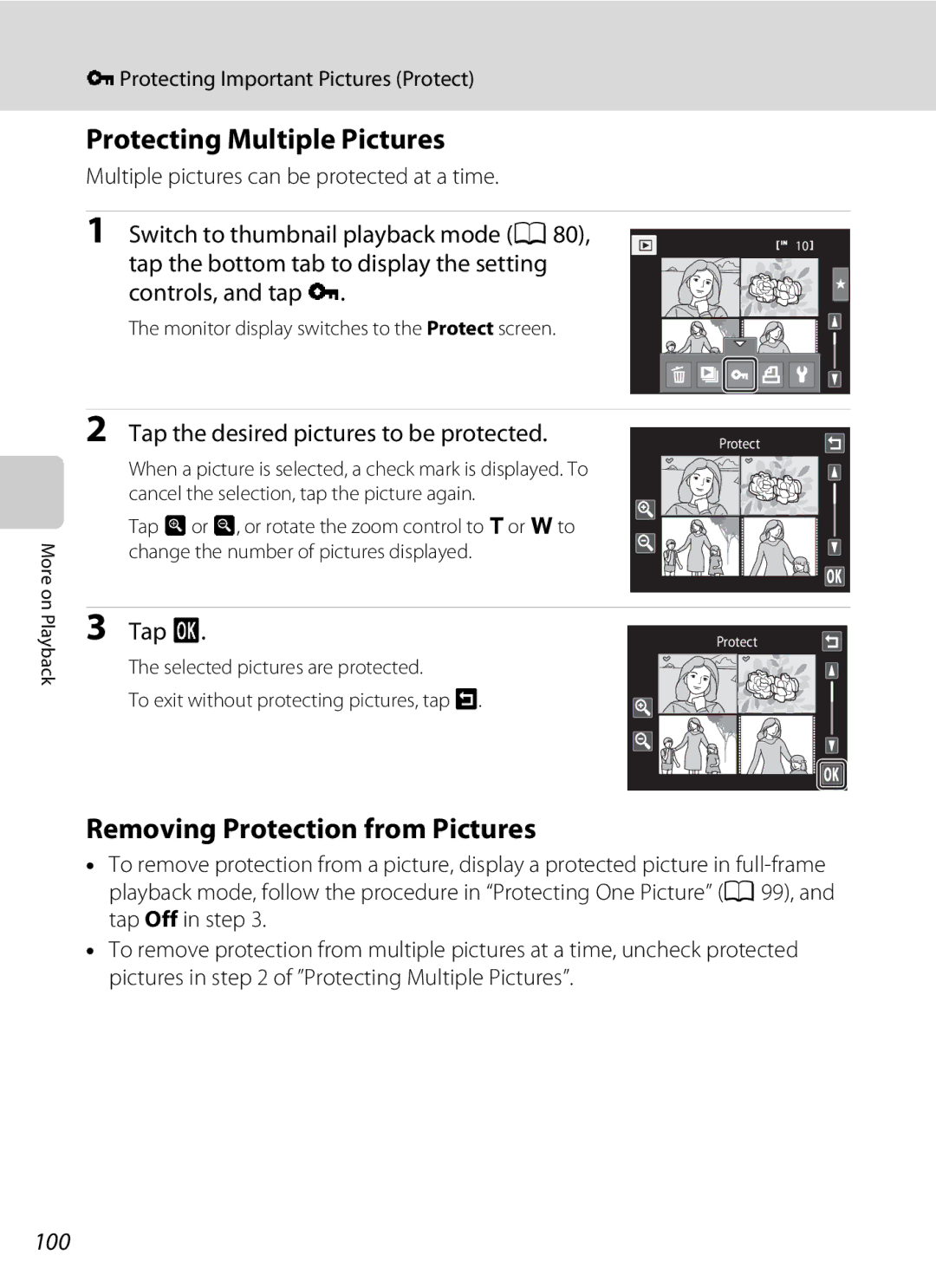 Nikon S1100pj Protecting Multiple Pictures, Removing Protection from Pictures, Tap the desired pictures to be protected 