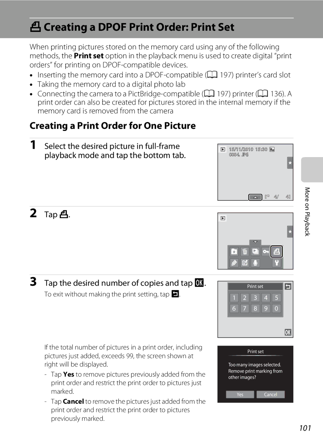 Nikon S1100pj user manual ACreating a Dpof Print Order Print Set, Creating a Print Order for One Picture, 101 