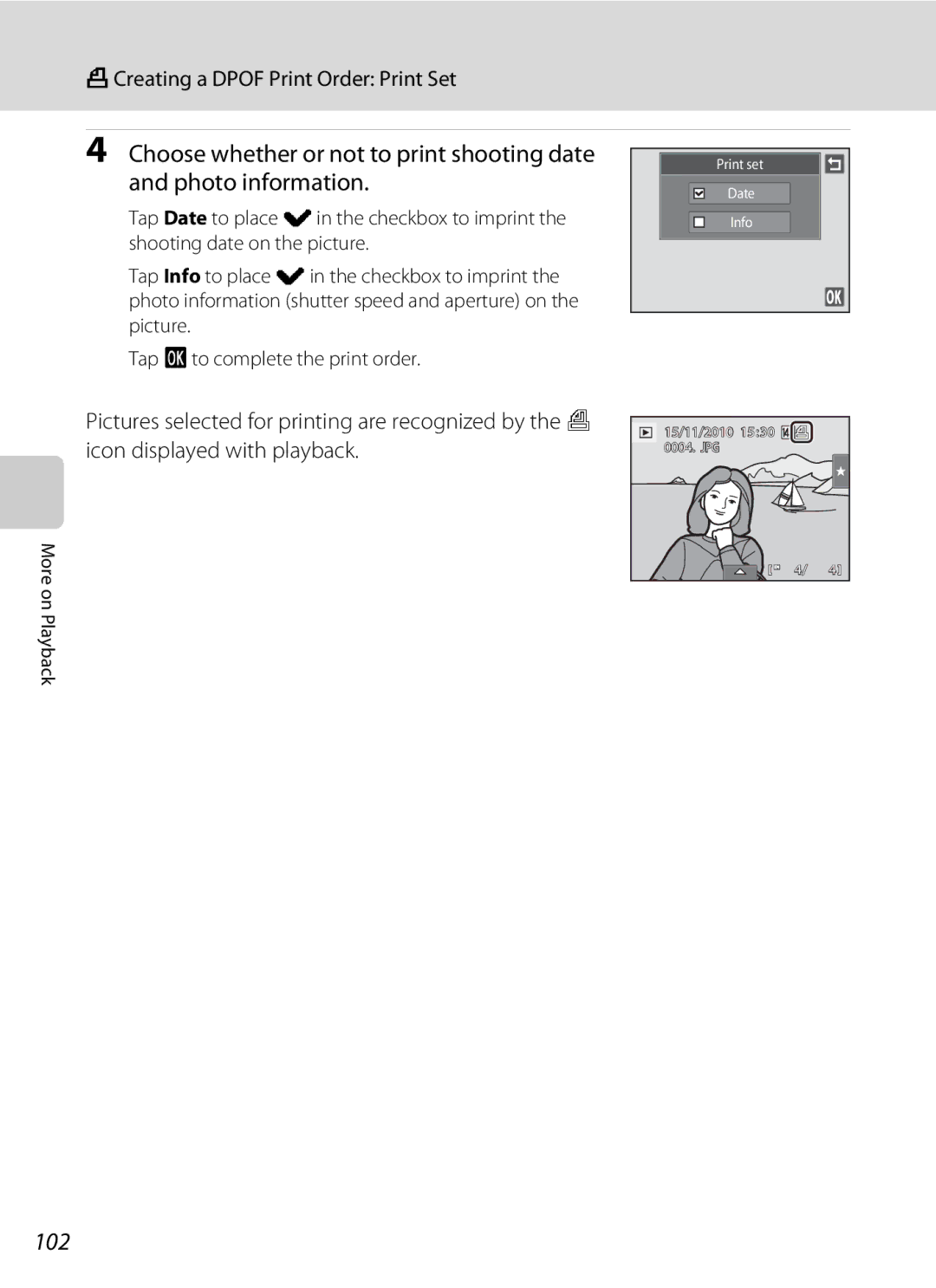 Nikon S1100pj user manual 102, ACreating a Dpof Print Order Print Set 