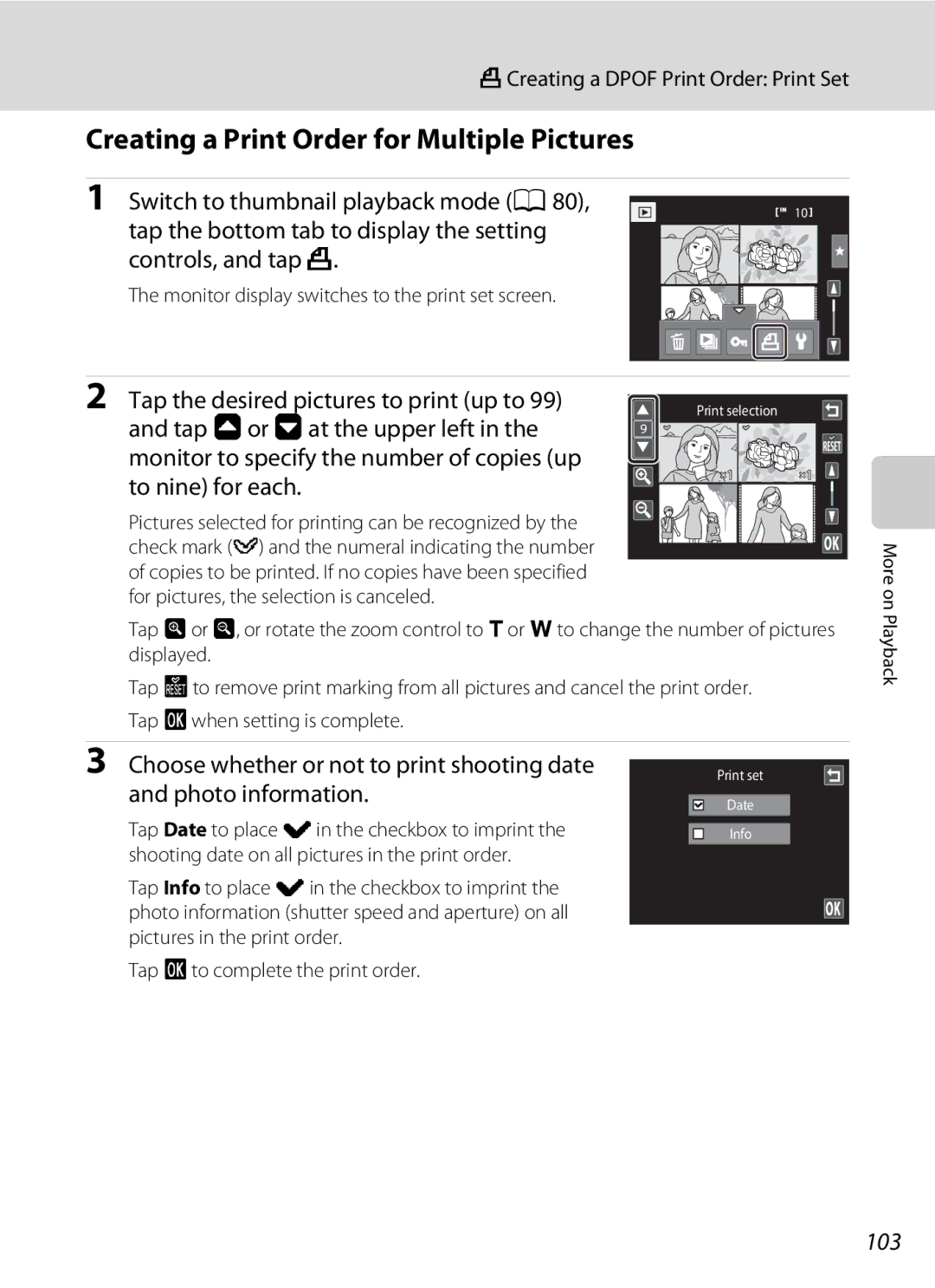 Nikon S1100pj user manual Creating a Print Order for Multiple Pictures, Choose whether or not to print shooting date, 103 