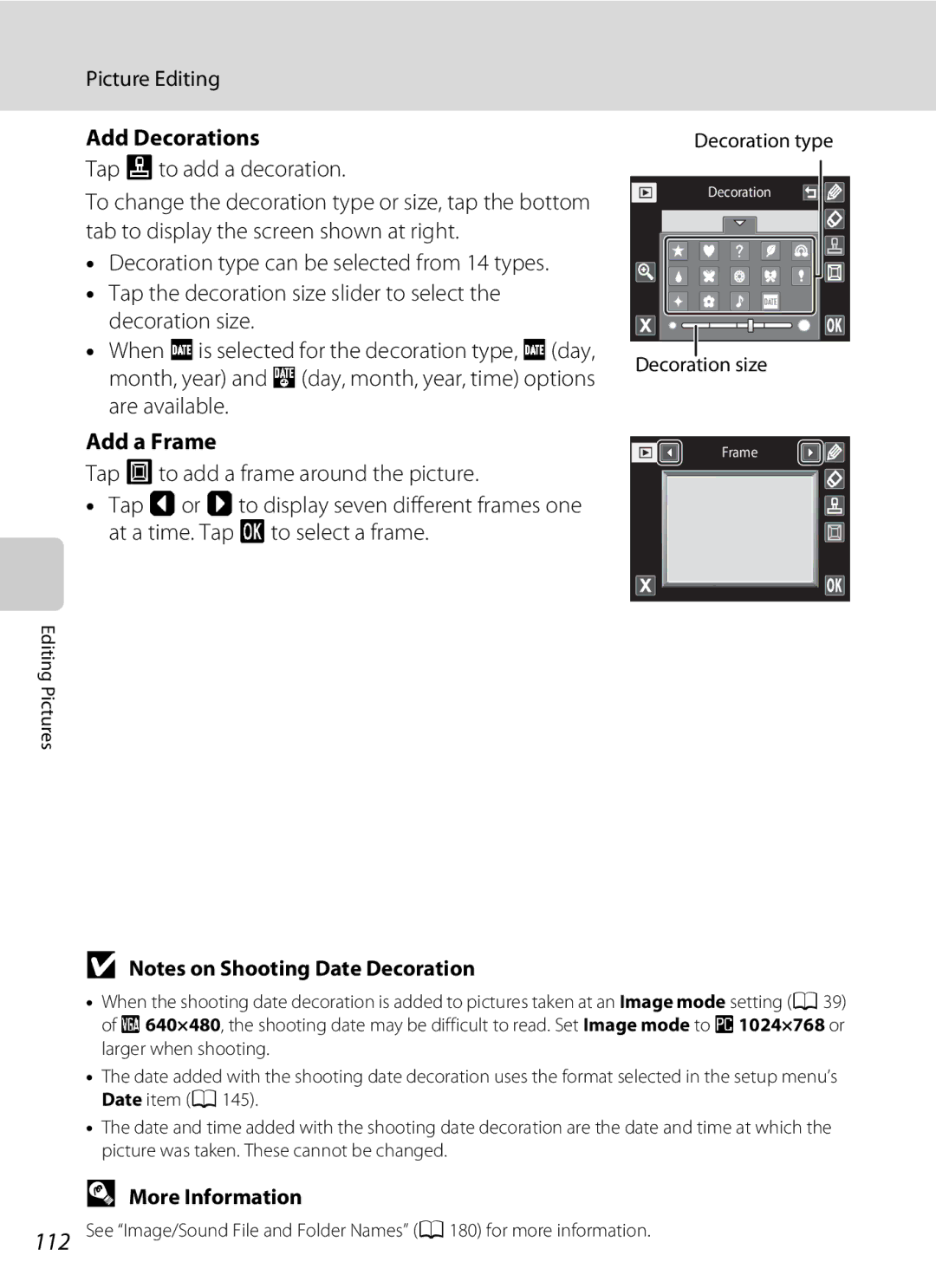 Nikon S1100pj user manual Add Decorations, Add a Frame, Decoration type, Decoration size 