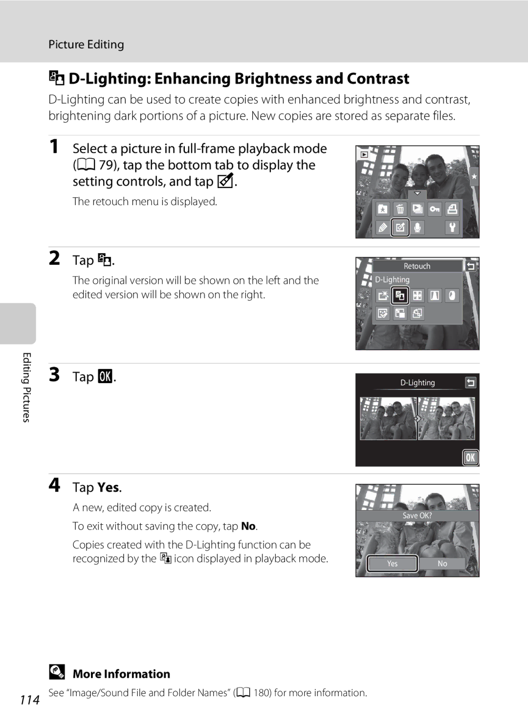 Nikon S1100pj user manual ID-Lighting Enhancing Brightness and Contrast, Setting controls, and tap M 