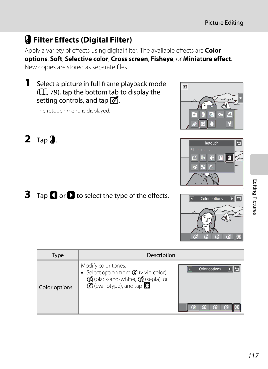 Nikon S1100pj user manual IFilter Effects Digital Filter, Tap Cor Dto select the type of the effects, 117, Type 