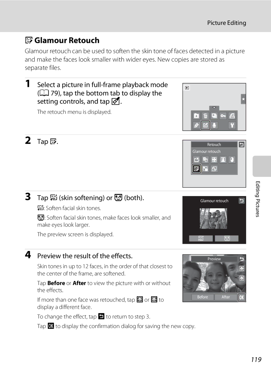 Nikon S1100pj user manual JGlamour Retouch, Tap eskin softening or kboth, Preview the result of the effects, 119 