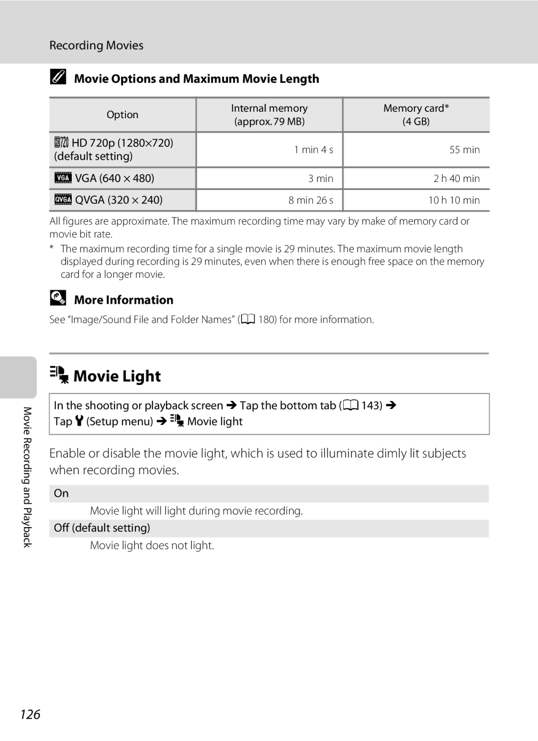 Nikon S1100pj user manual MMovie Light, 126, Movie Options and Maximum Movie Length 