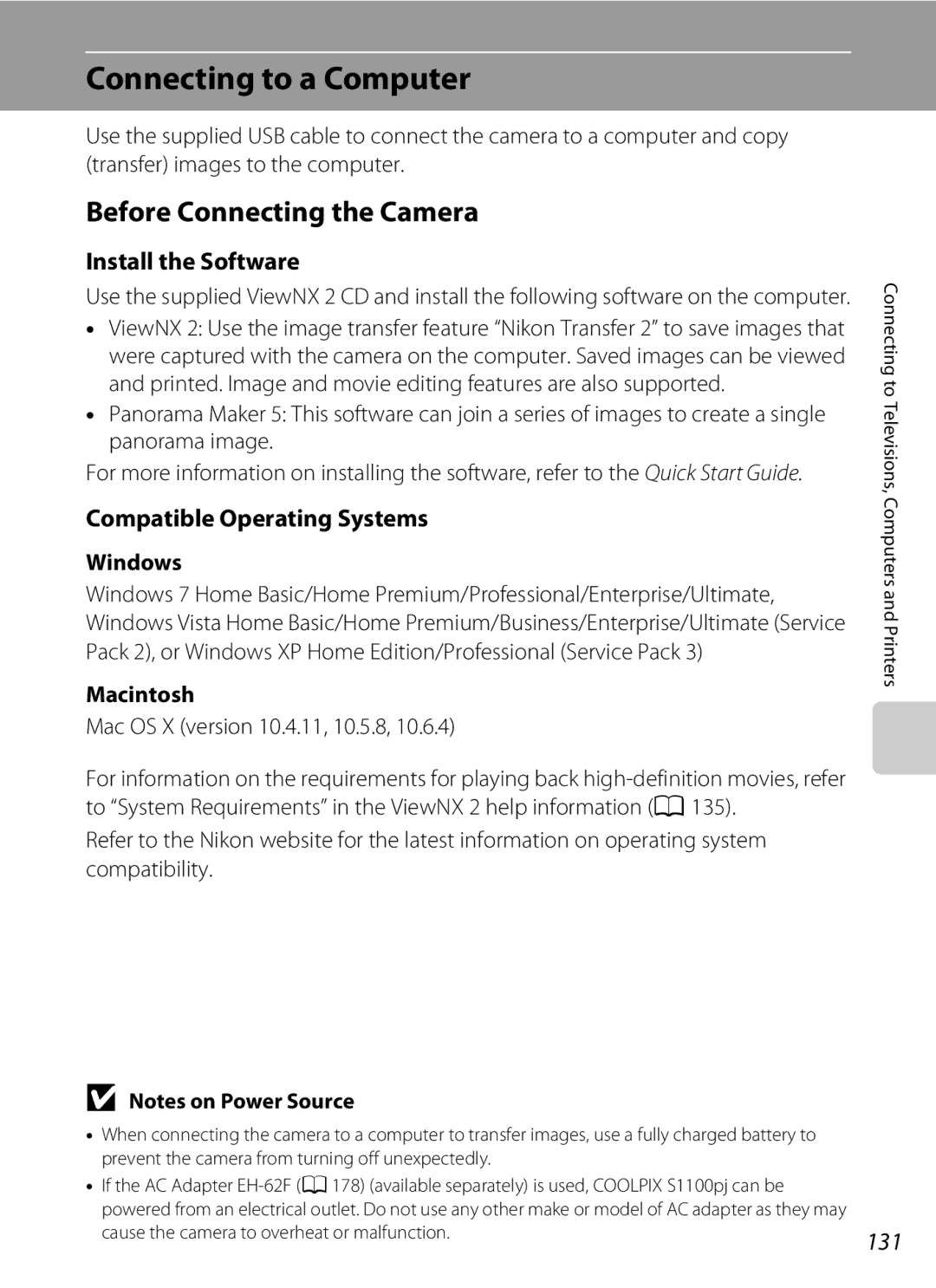 Nikon S1100pj Connecting to a Computer, Before Connecting the Camera, Install the Software, Compatible Operating Systems 