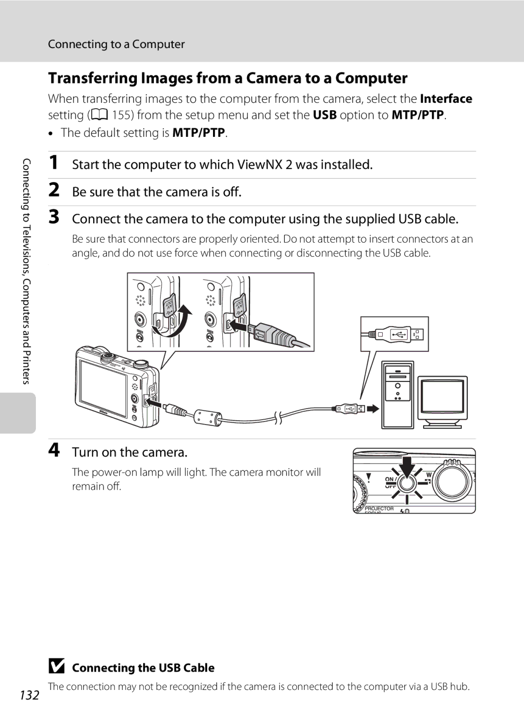 Nikon S1100pj user manual Transferring Images from a Camera to a Computer, Turn on the camera, Connecting to a Computer 