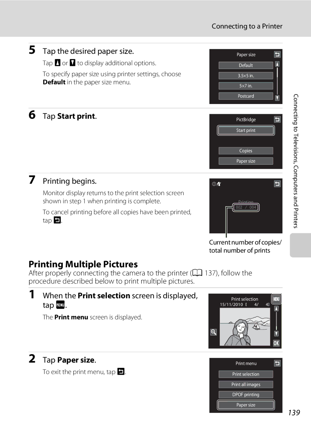 Nikon S1100pj user manual Printing Multiple Pictures, Tap the desired paper size, Tap Start print, Printing begins 