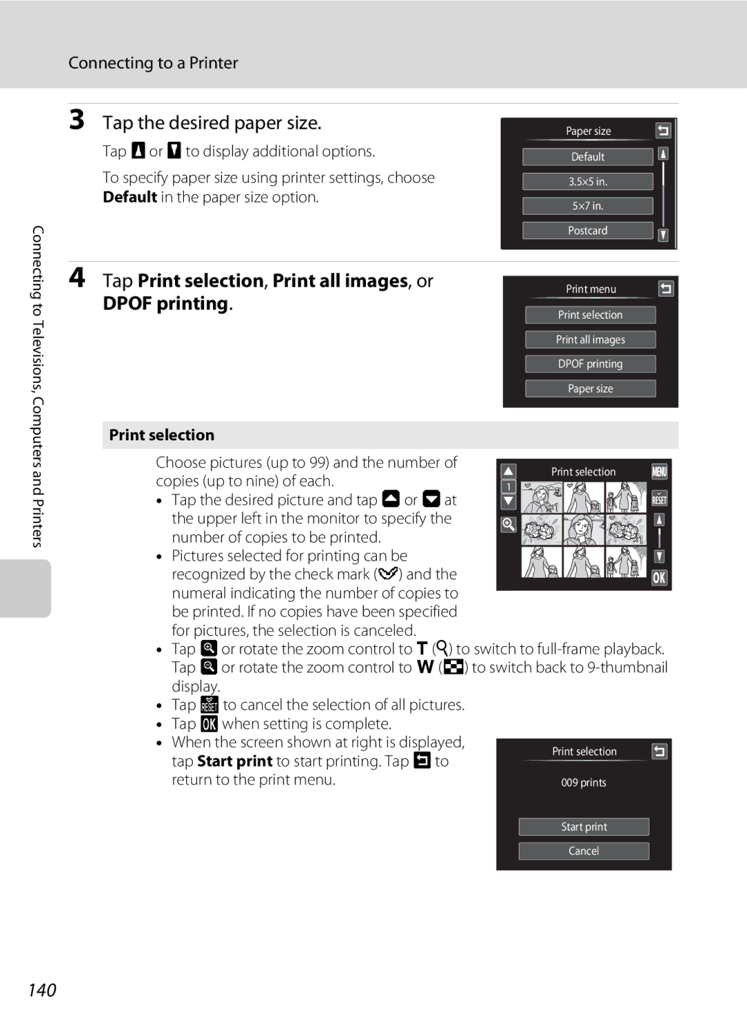 Nikon S1100pj user manual Tap Print selection, Print all images, or Dpof printing, 140, Copies up to nine of each 