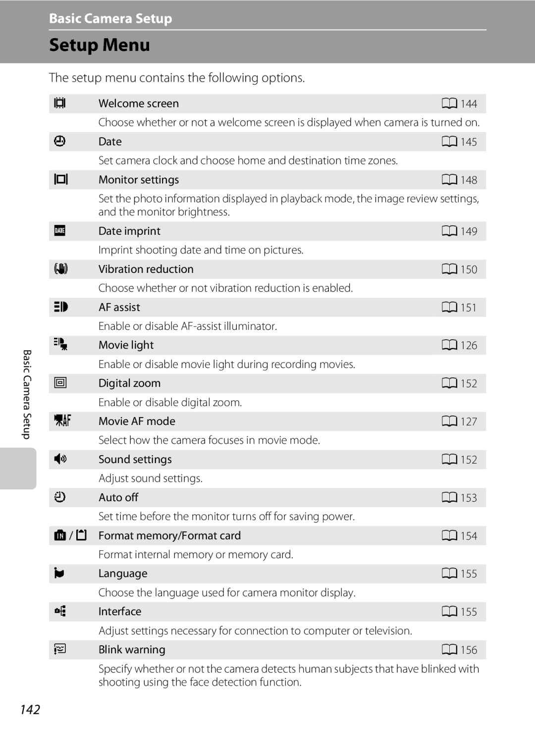 Nikon S1100pj user manual Setup Menu, 142, Setup menu contains the following options 