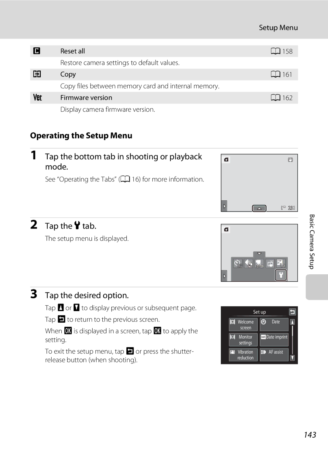 Nikon S1100pj Operating the Setup Menu, Tap the bottom tab in shooting or playback mode, Tap the desired option, 143 