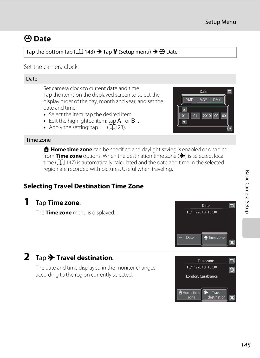 Nikon S1100pj user manual Date, Selecting Travel Destination Time Zone, Tap xTravel destination, 145, Set the camera clock 