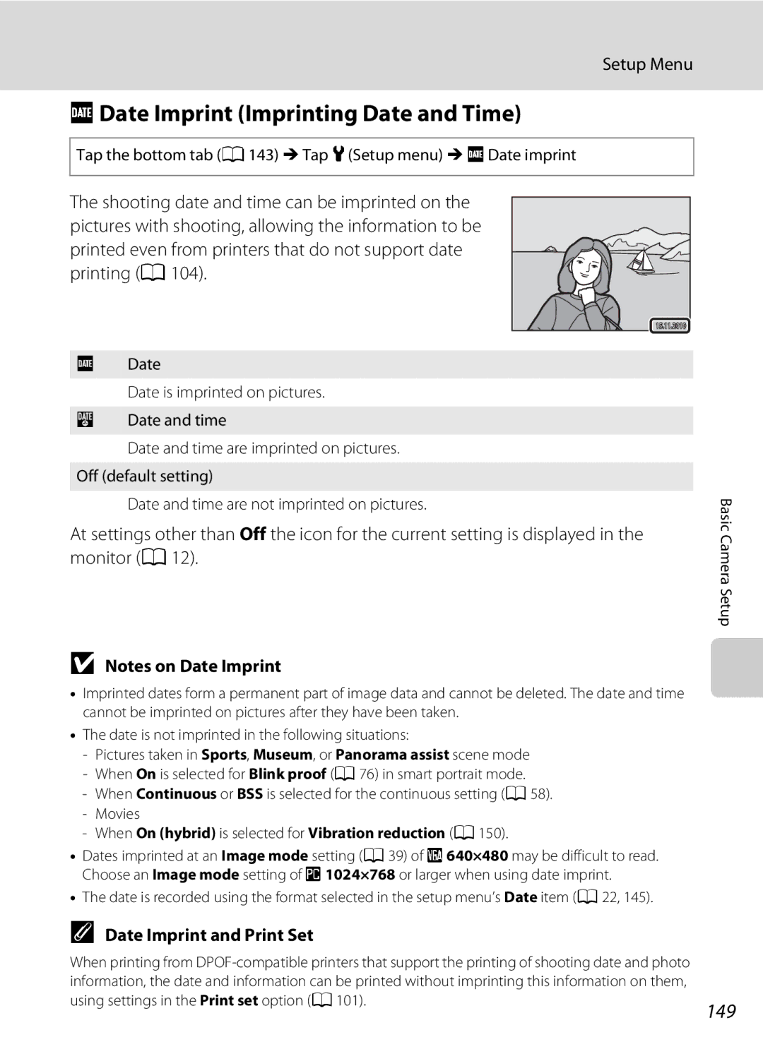 Nikon S1100pj user manual FDate Imprint Imprinting Date and Time, 149, Date Imprint and Print Set 