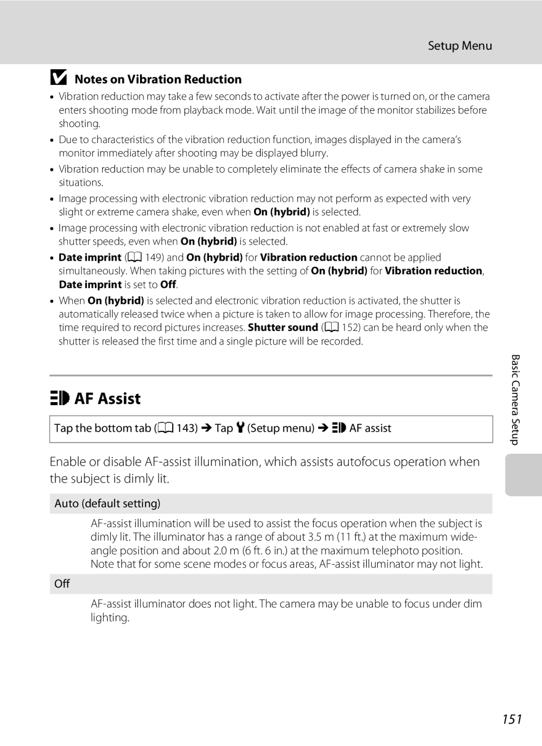 Nikon S1100pj user manual HAF Assist, 151, Tap the bottom tab A143 MTap z Setup menu MhAF assist 