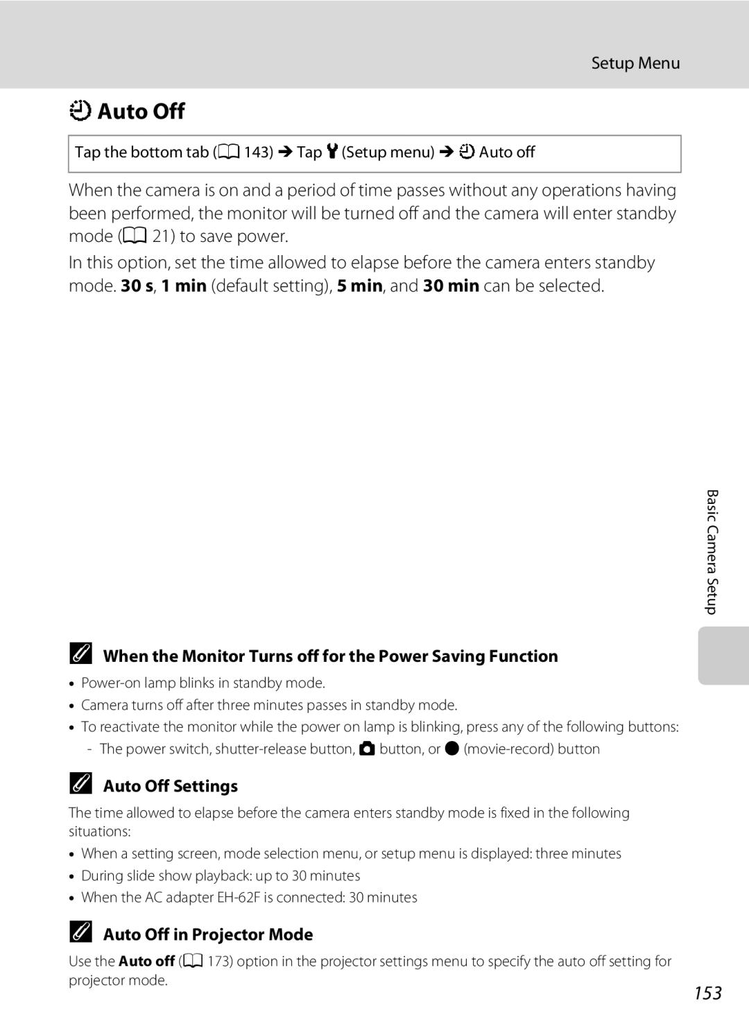 Nikon S1100pj user manual KAuto Off, 153, When the Monitor Turns off for the Power Saving Function, Auto Off Settings 