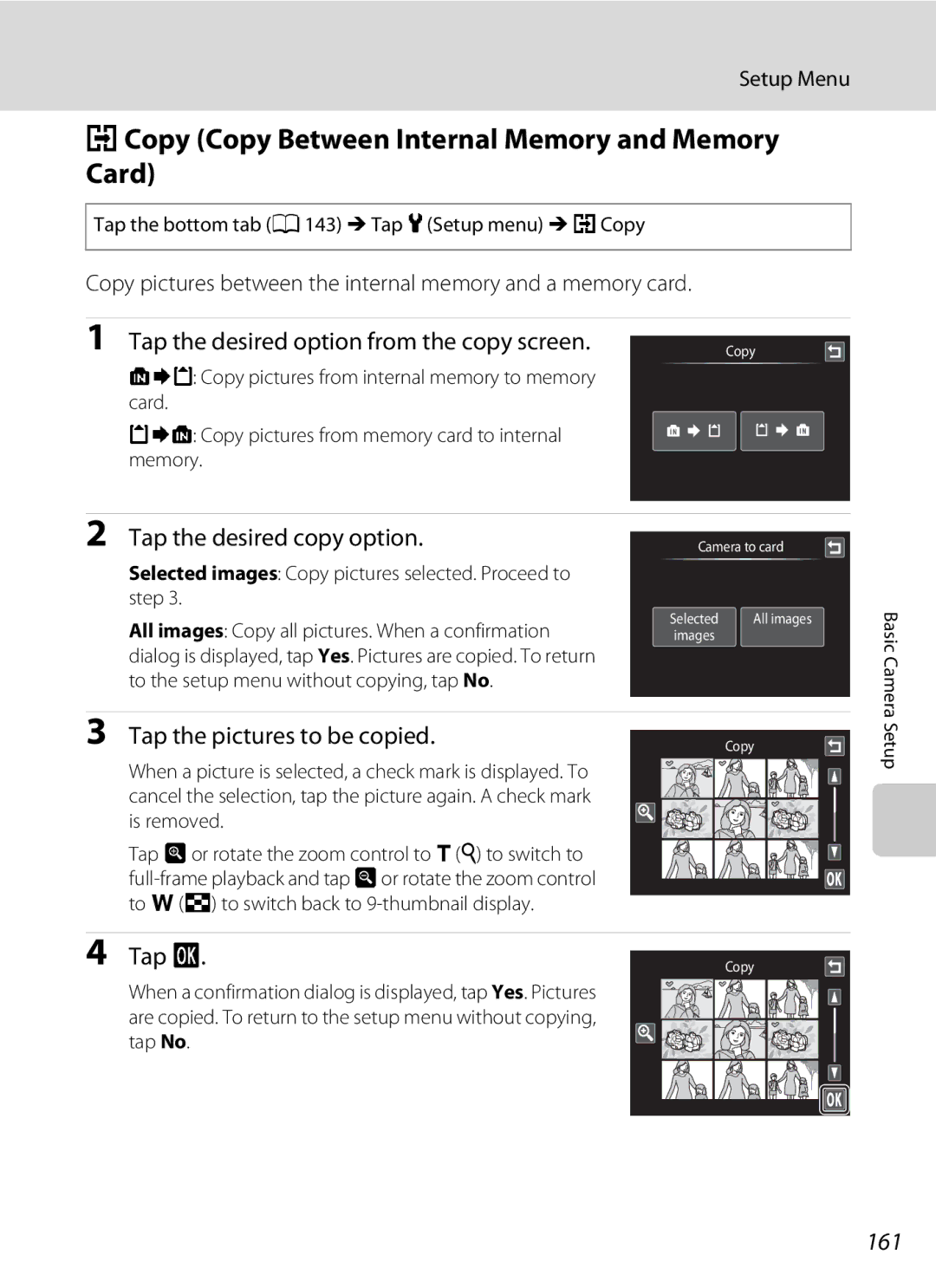 Nikon S1100pj user manual HCopy Copy Between Internal Memory and Memory Card, Tap the desired copy option, 161 