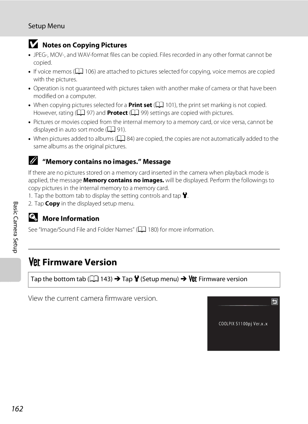 Nikon S1100pj RFirmware Version, 162, Memory contains no images. Message, View the current camera firmware version 