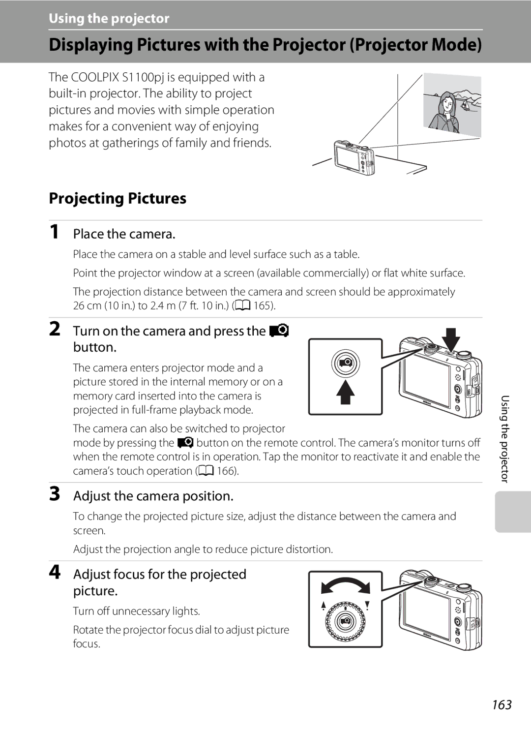 Nikon S1100pj user manual Projecting Pictures, 163 