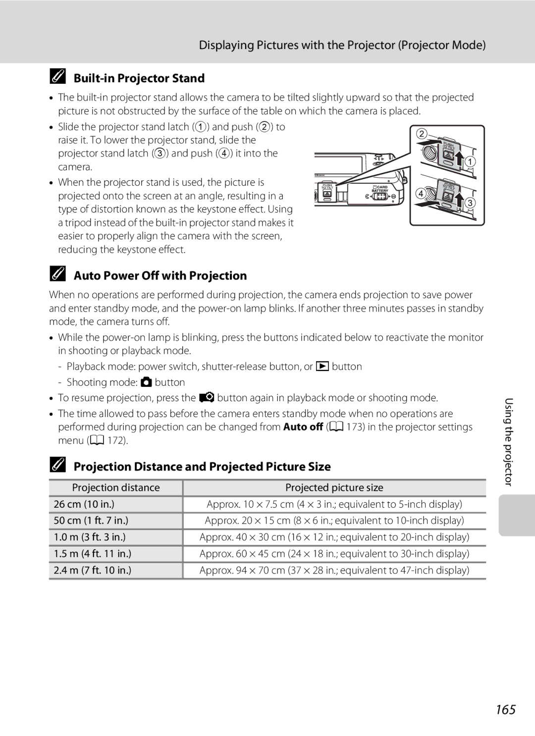 Nikon S1100pj user manual 165, Built-in Projector Stand, Auto Power Off with Projection 