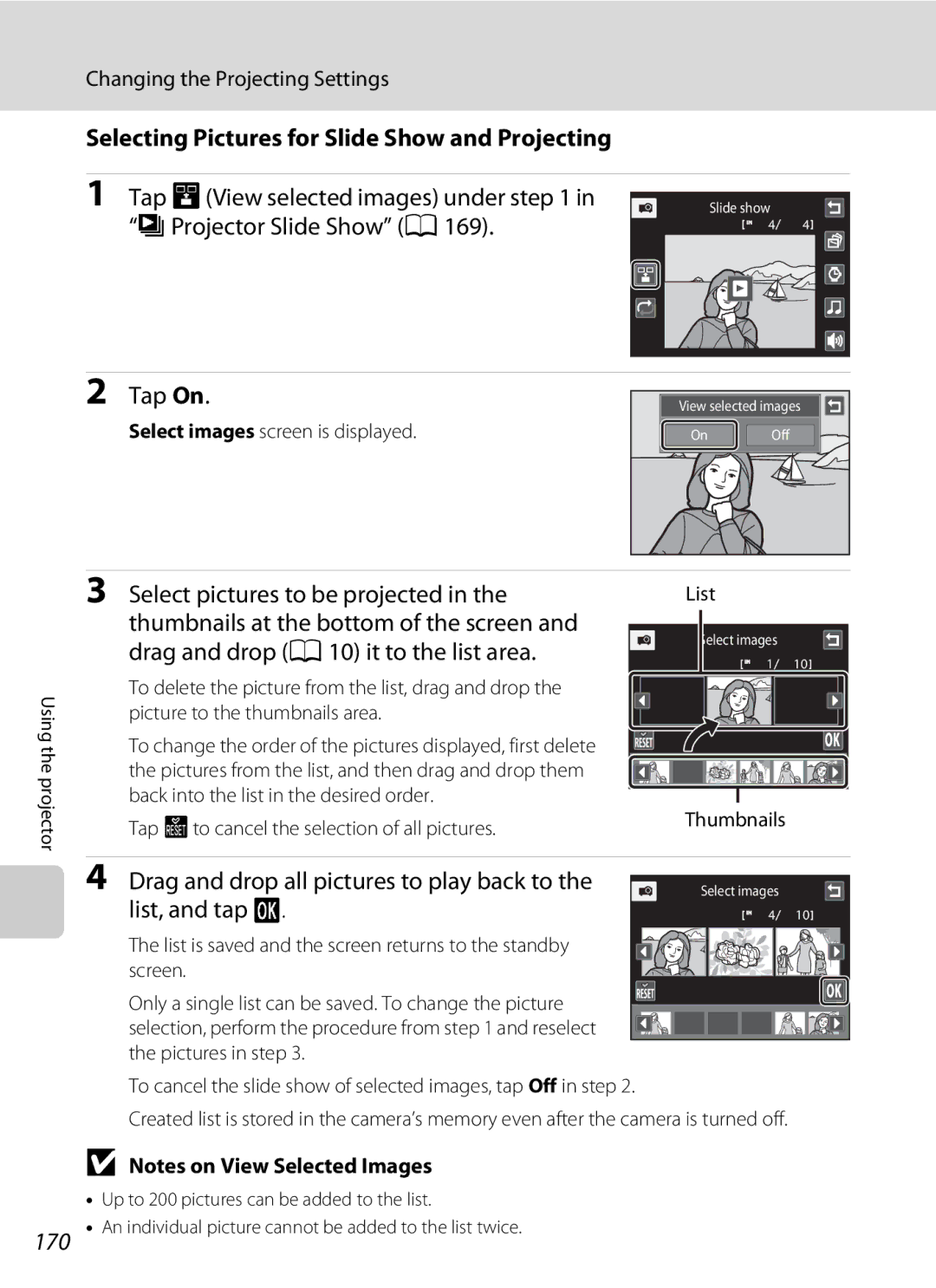 Nikon S1100pj user manual Selecting Pictures for Slide Show and Projecting, 170 