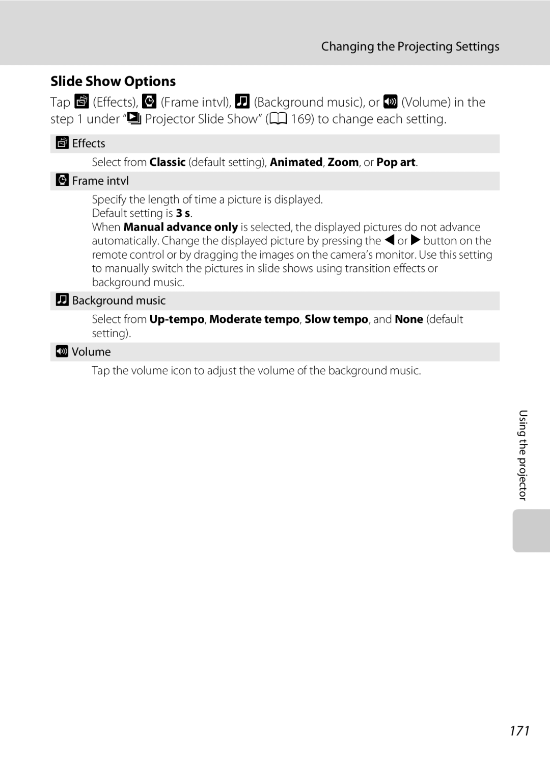 Nikon S1100pj user manual Slide Show Options, 171 