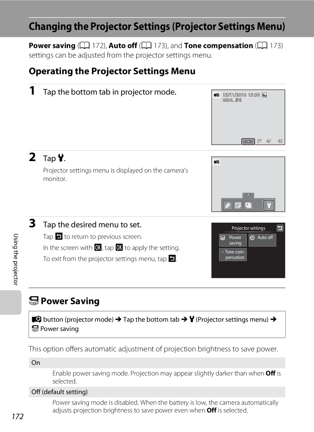 Nikon S1100pj Changing the Projector Settings Projector Settings Menu, Operating the Projector Settings Menu, 172 