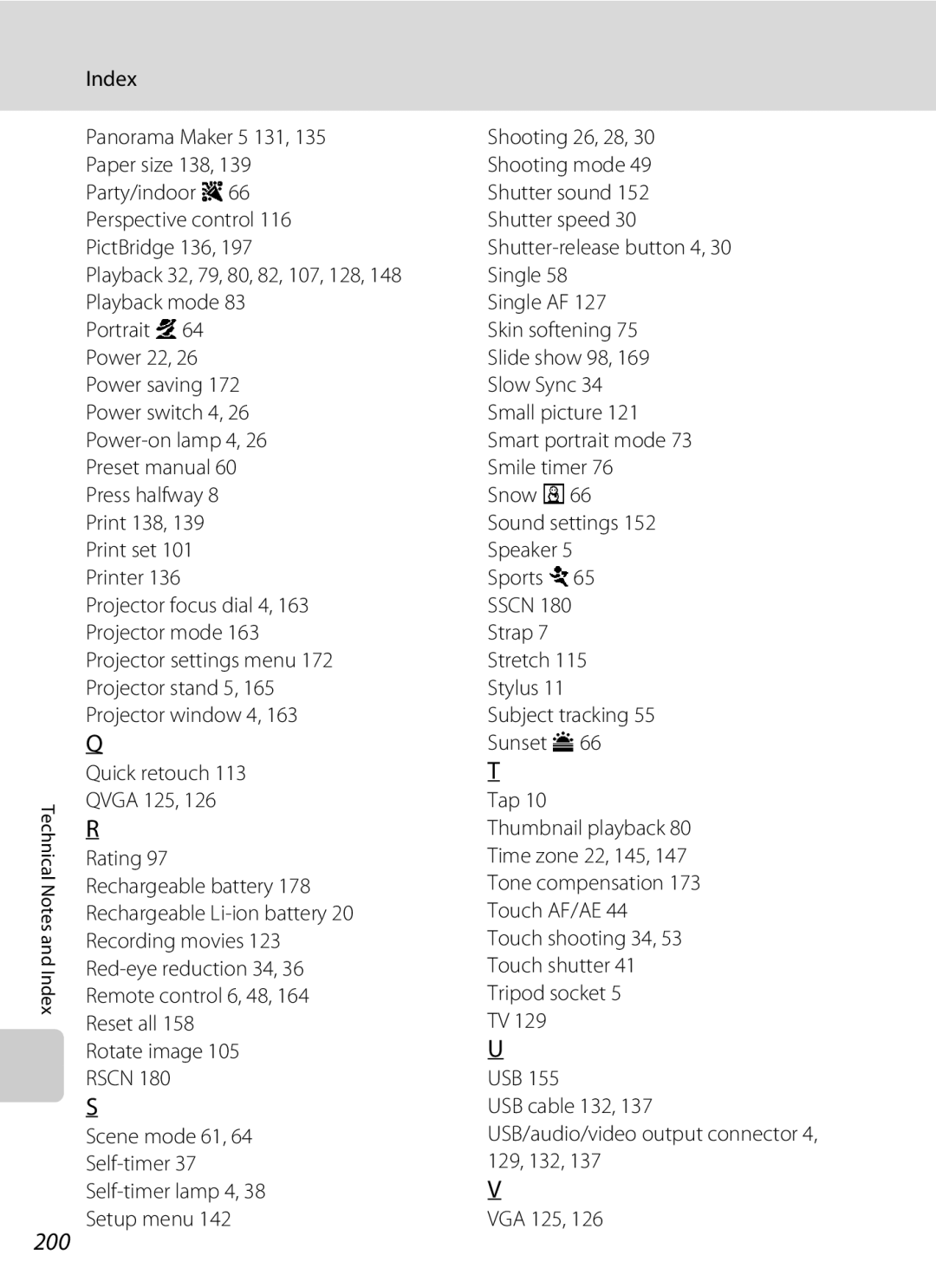 Nikon S1100pj user manual 200, Index 