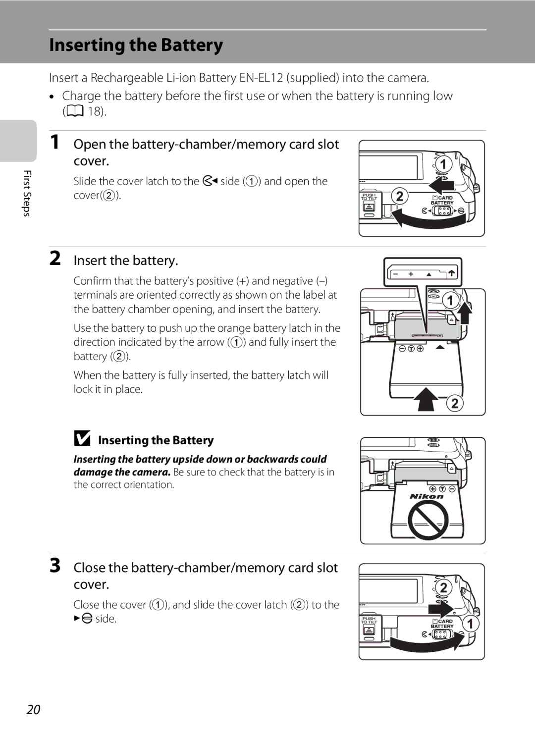 Nikon S1100pj user manual Inserting the Battery, Open the battery-chamber/memory card slot Cover, Insert the battery 