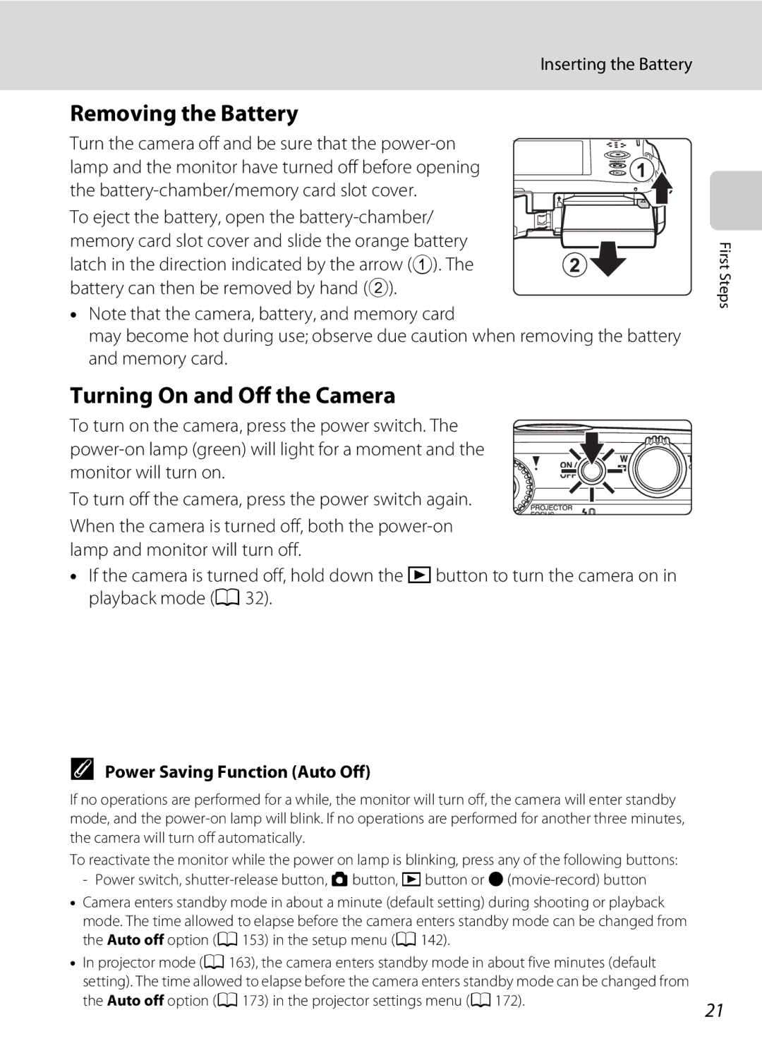 Nikon S1100pj Removing the Battery, Turning On and Off the Camera, Inserting the Battery, Power Saving Function Auto Off 