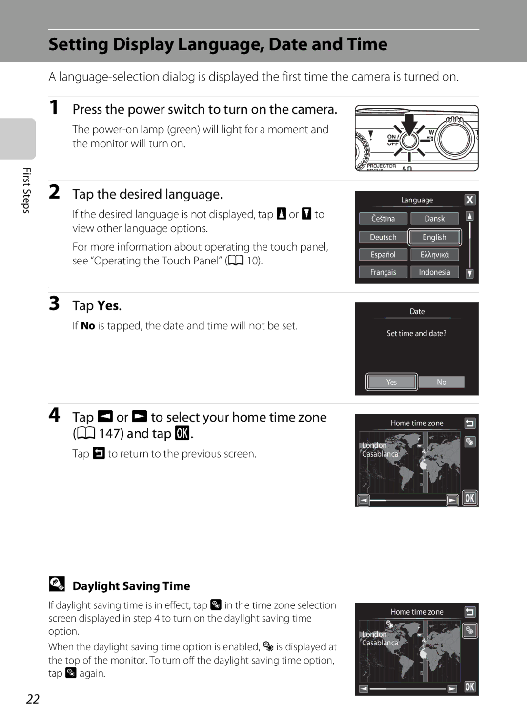 Nikon S1100pj user manual Setting Display Language, Date and Time, Press the power switch to turn on the camera, Tap Yes 