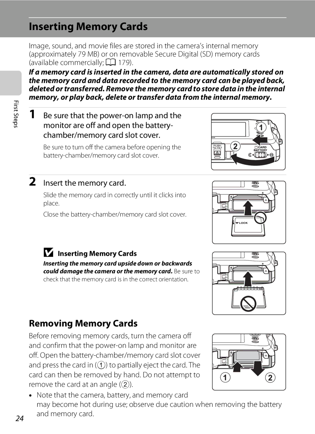 Nikon S1100pj Inserting Memory Cards, Removing Memory Cards, Be sure that the power-on lamp, Insert the memory card 