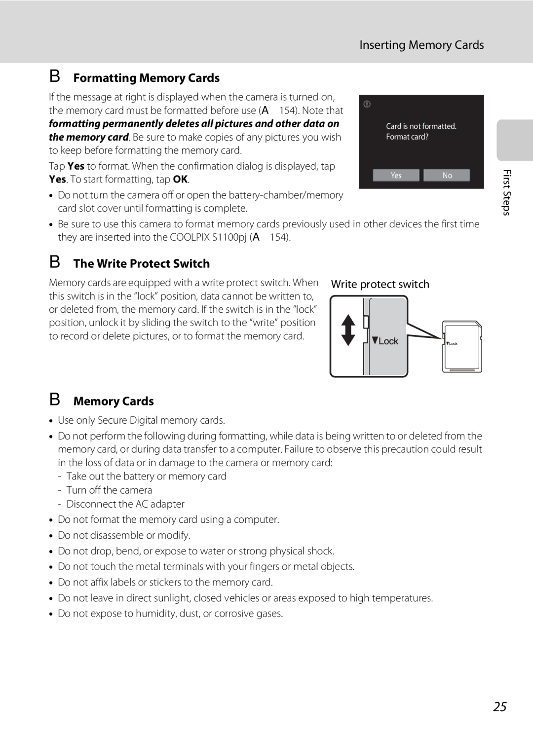 Nikon S1100pj user manual Formatting Memory Cards, Write Protect Switch 