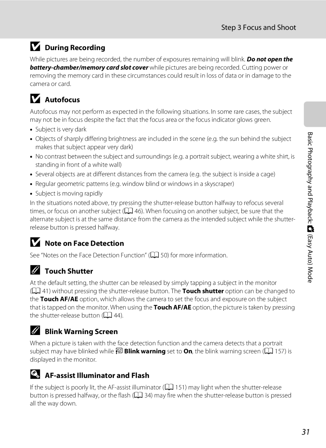 Nikon S1100pj user manual During Recording, Autofocus, Touch Shutter, Blink Warning Screen, AF-assist Illuminator and Flash 