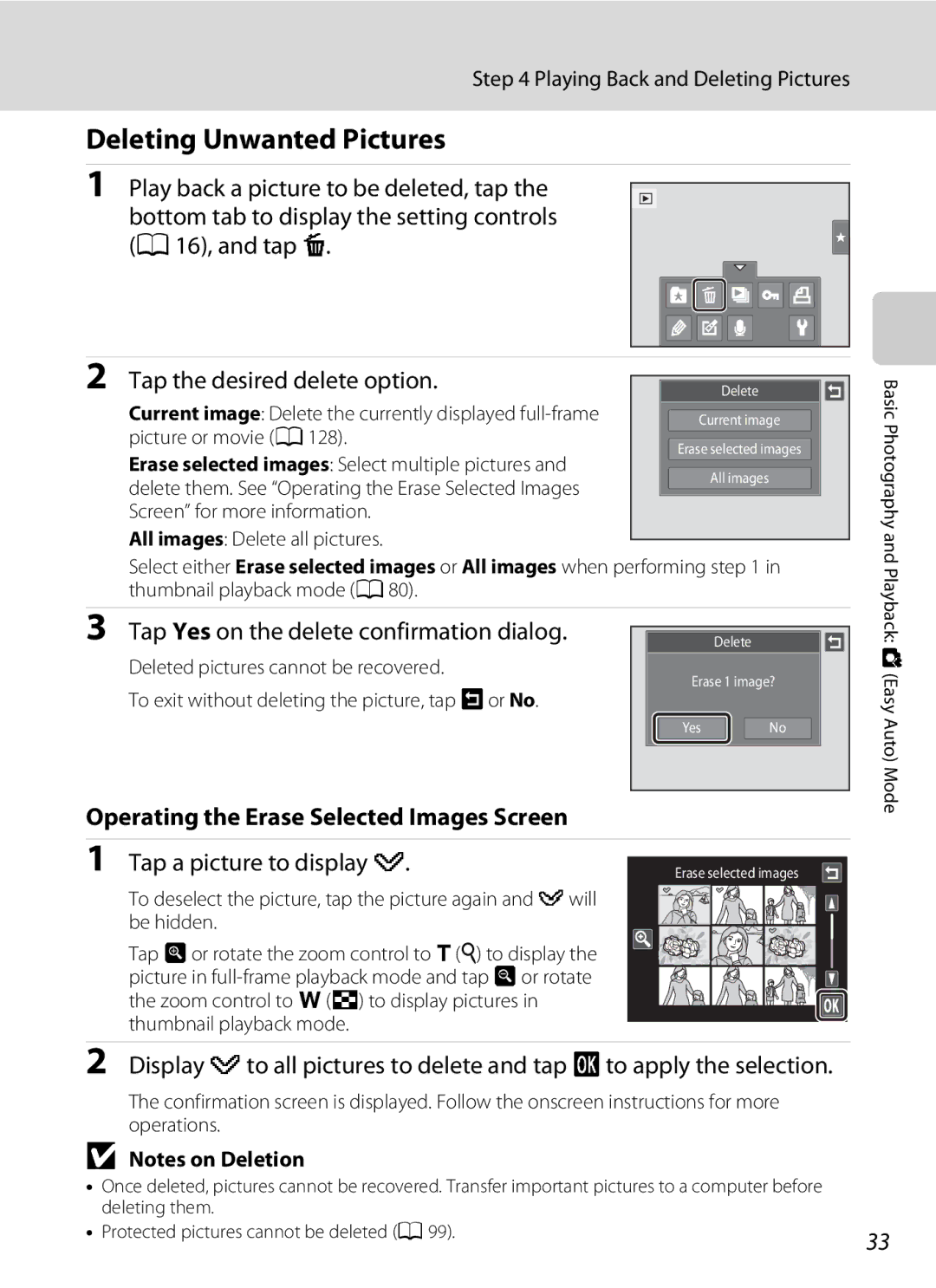 Nikon S1100pj user manual Deleting Unwanted Pictures, Tap Yes on the delete confirmation dialog, Tap a picture to display y 