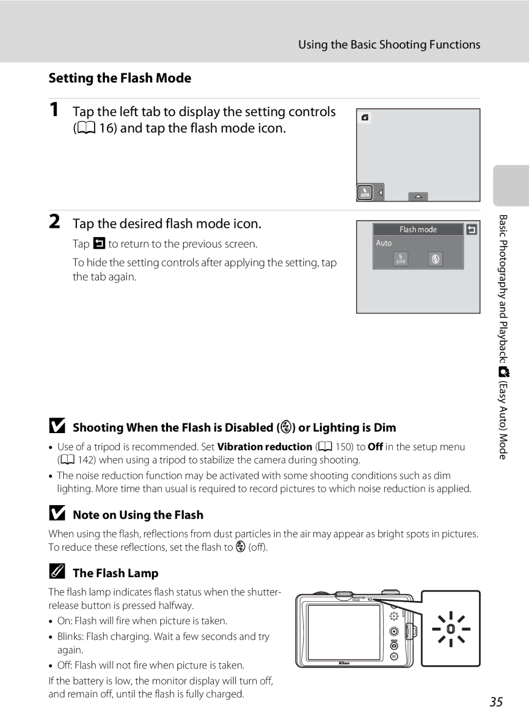 Nikon S1100pj Setting the Flash Mode, Tap the desired flash mode icon, Using the Basic Shooting Functions, Flash Lamp 