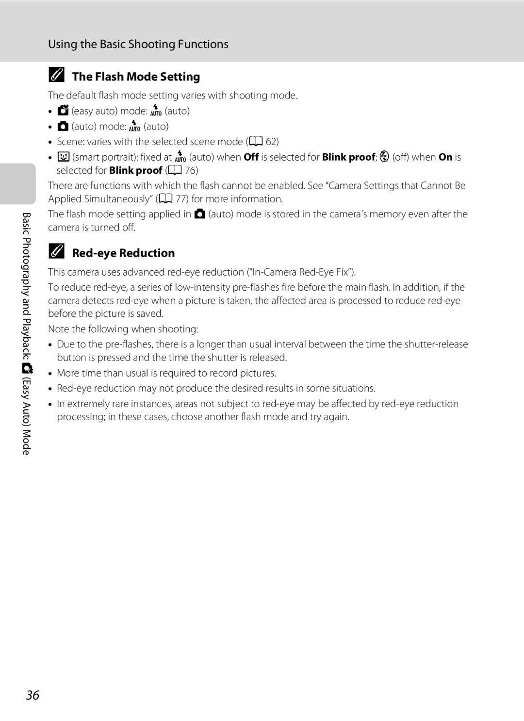 Nikon S1100pj user manual Flash Mode Setting, Red-eye Reduction 