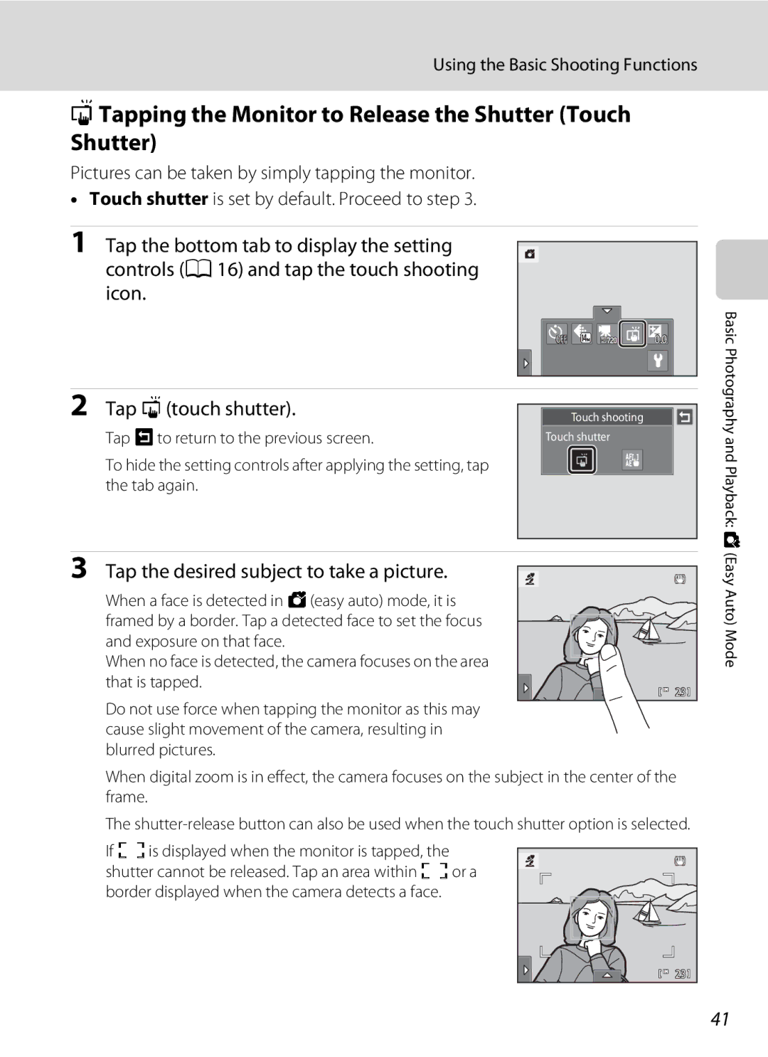 Nikon S1100pj user manual QTapping the Monitor to Release the Shutter Touch Shutter, Tap qtouch shutter 