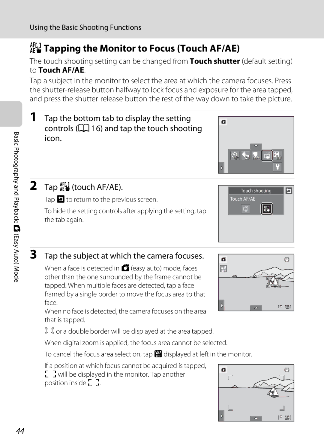 Nikon S1100pj RTapping the Monitor to Focus Touch AF/AE, Tap rtouch AF/AE, Tap the subject at which the camera focuses 