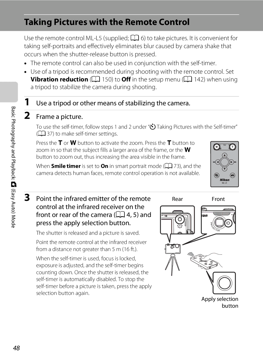 Nikon S1100pj user manual Taking Pictures with the Remote Control, Point the infrared emitter of the remote, Rear 