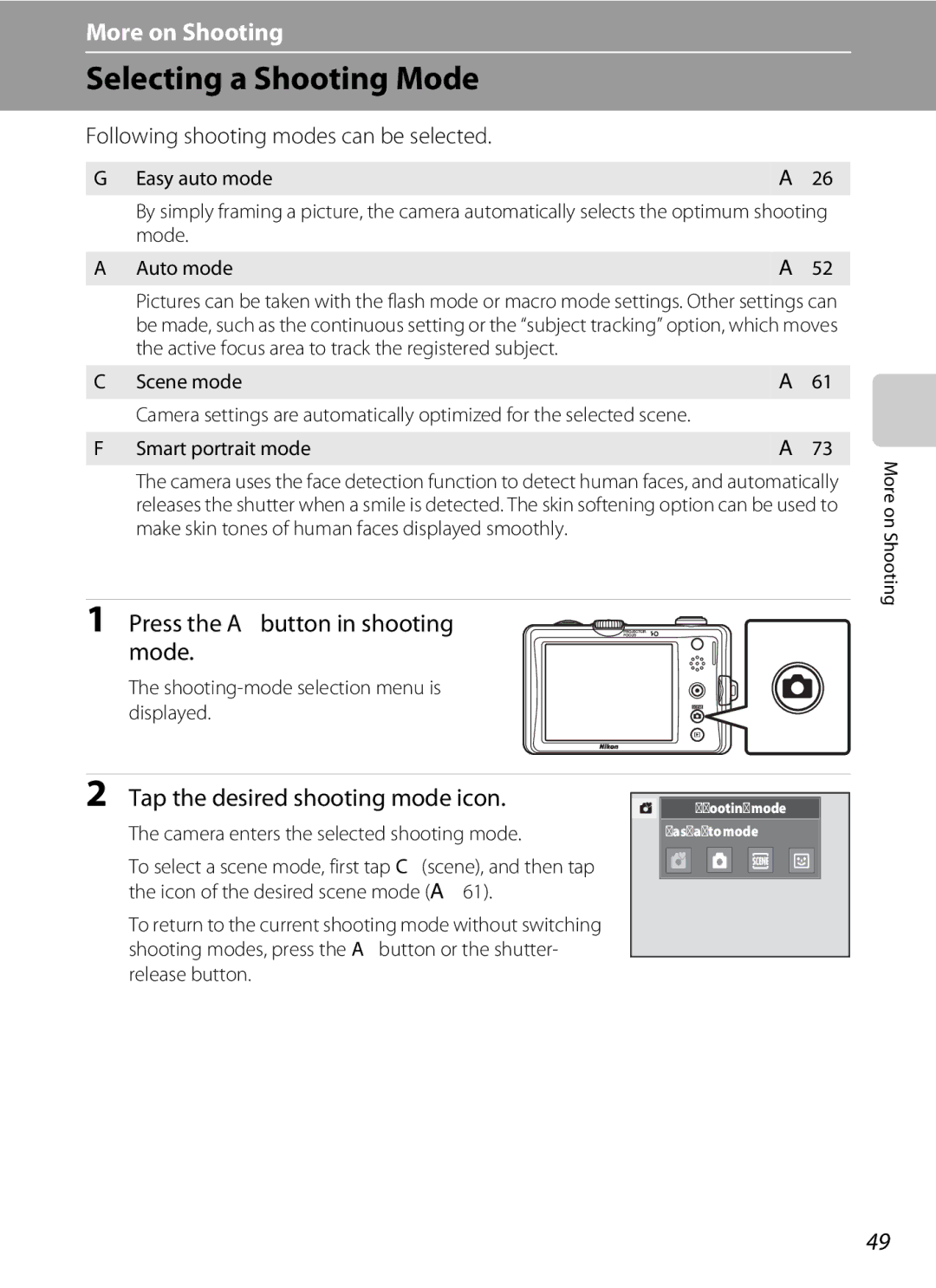 Nikon S1100pj Selecting a Shooting Mode, Press the a button in shooting mode, Tap the desired shooting mode icon 