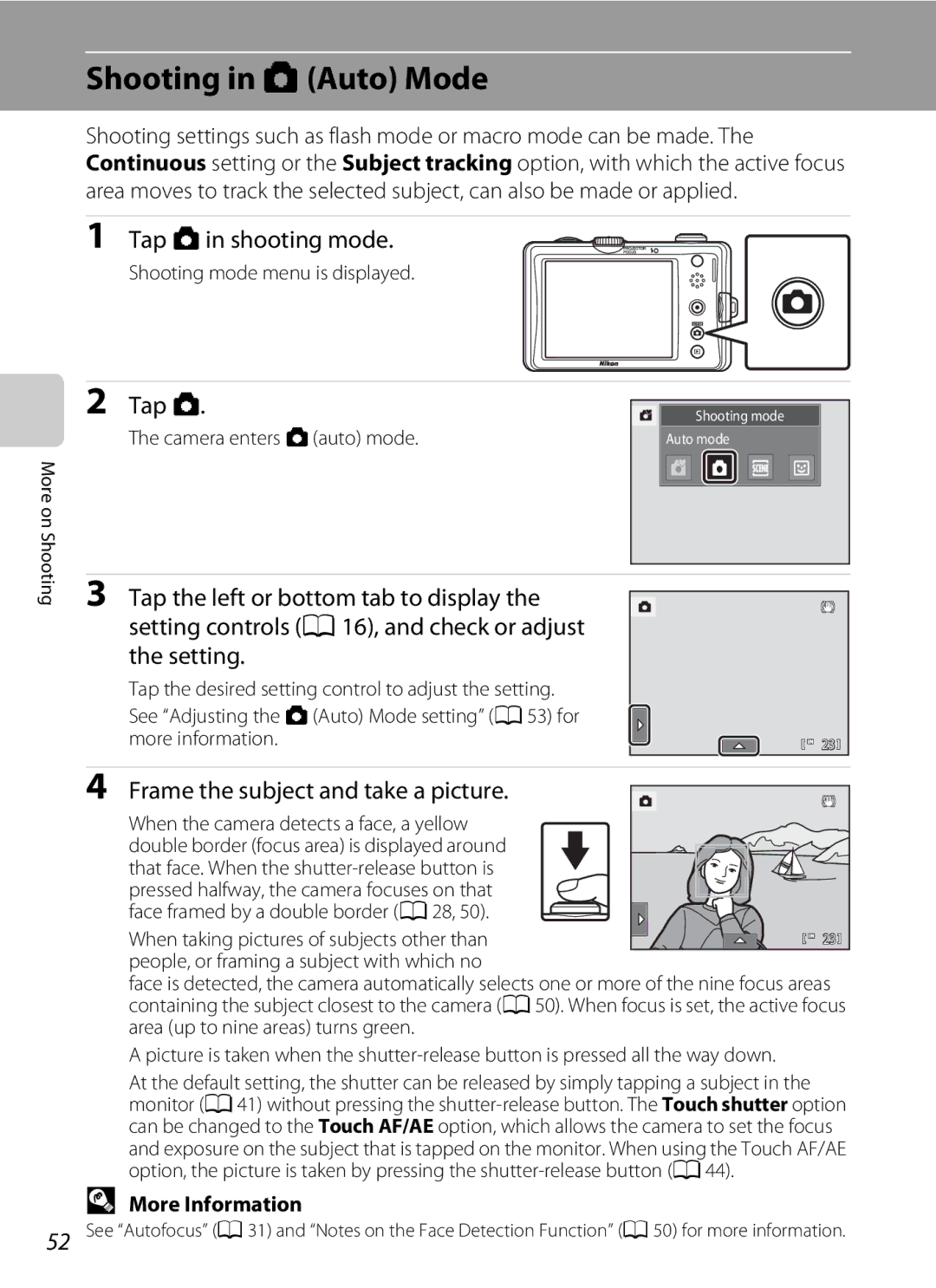 Nikon S1100pj Shooting in AAuto Mode, Tap a in shooting mode, Frame the subject and take a picture, More Information 