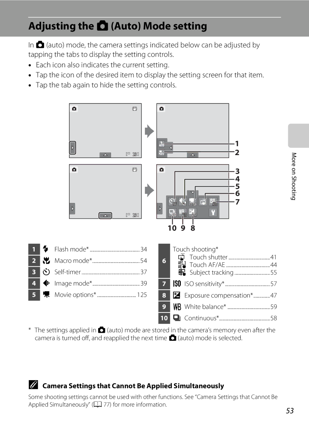 Nikon S1100pj user manual Adjusting the AAuto Mode setting, Camera Settings that Cannot Be Applied Simultaneously 