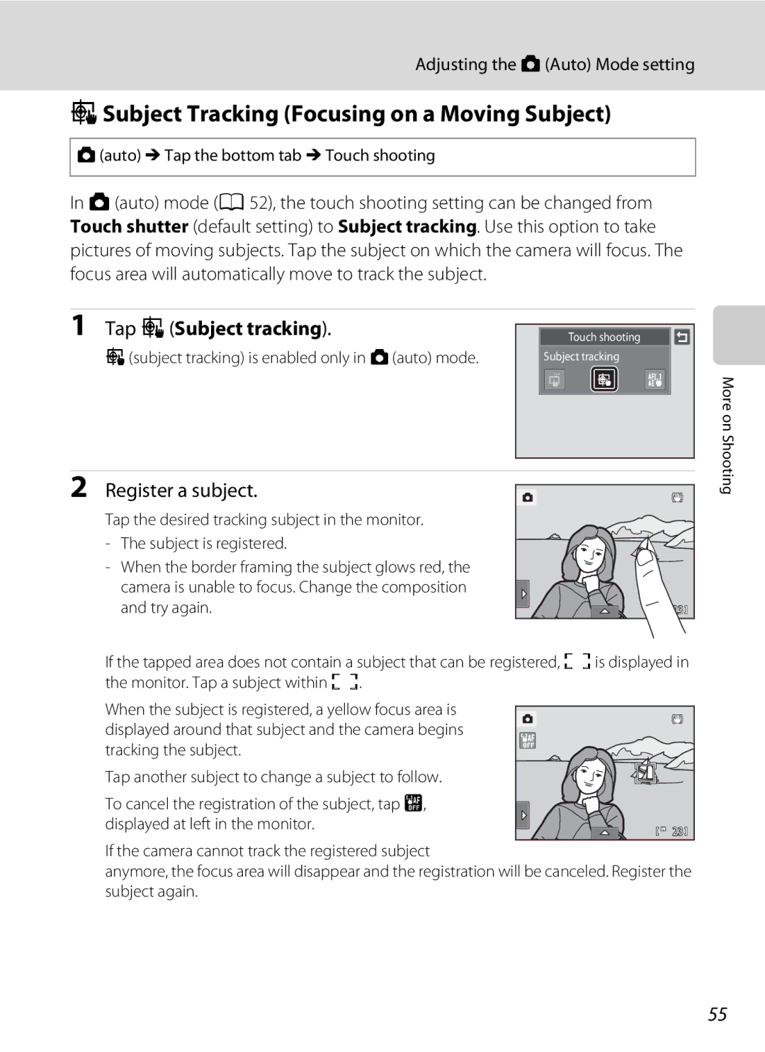 Nikon S1100pj user manual SSubject Tracking Focusing on a Moving Subject, Tap sSubject tracking, Register a subject 