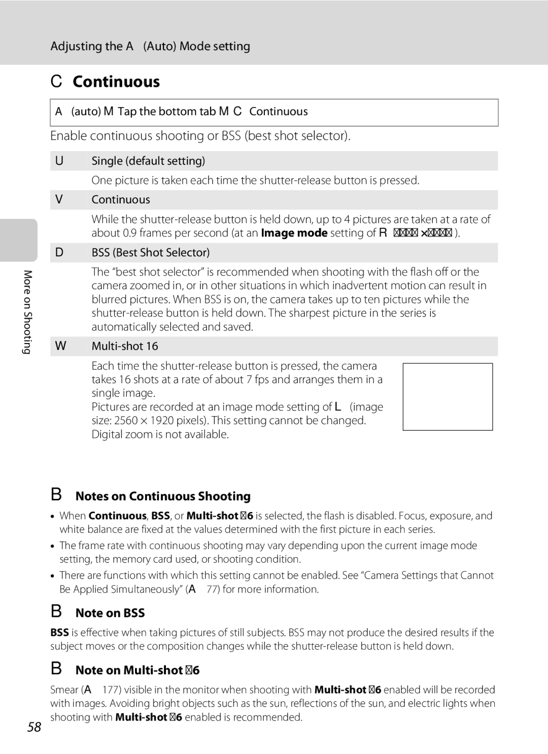 Nikon S1100pj user manual Enable continuous shooting or BSS best shot selector, Auto M Tap the bottom tab M CContinuous 