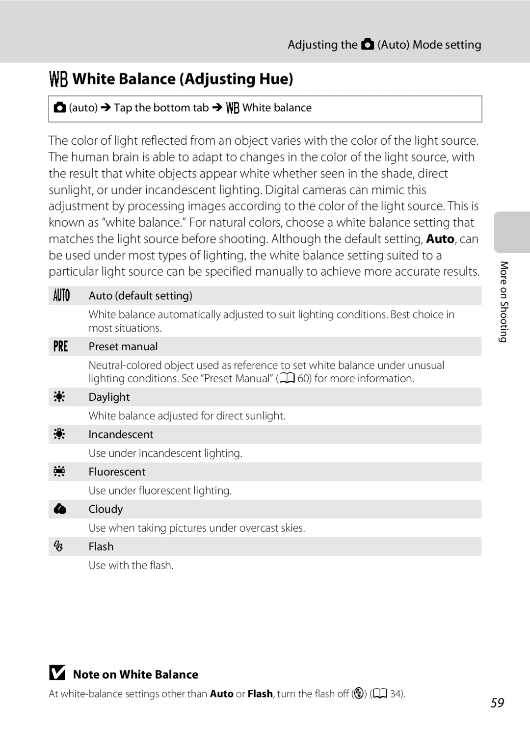 Nikon S1100pj user manual White Balance Adjusting Hue, Auto M Tap the bottom tab M w White balance 