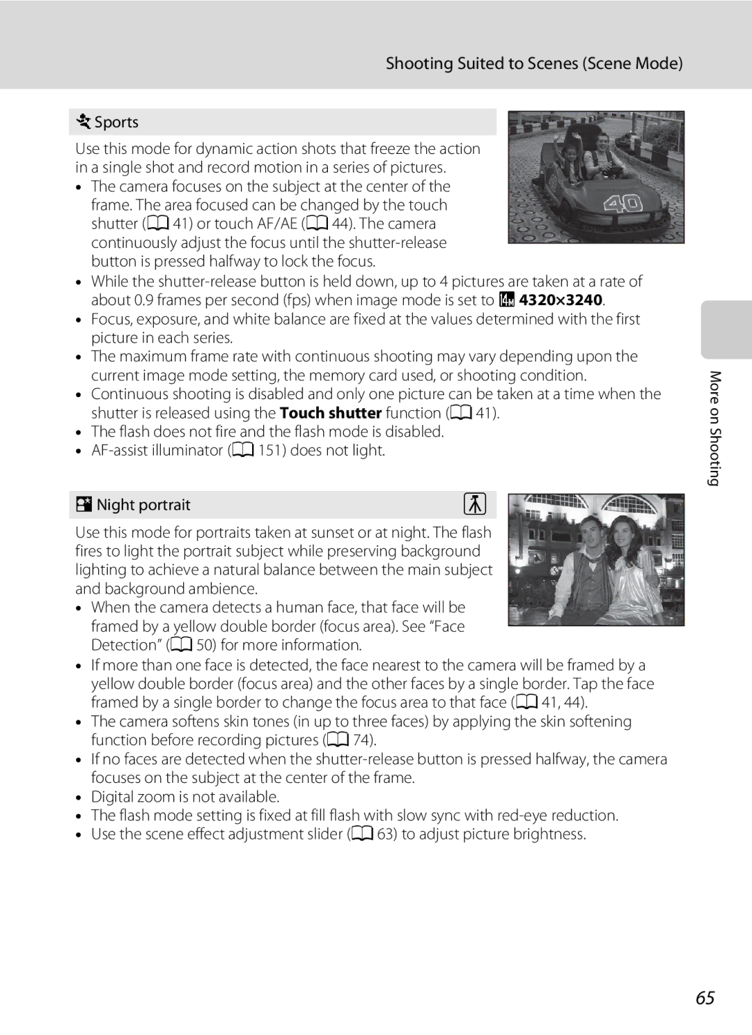 Nikon S1100pj user manual Camera focuses on the subject at the center, Night portrait 