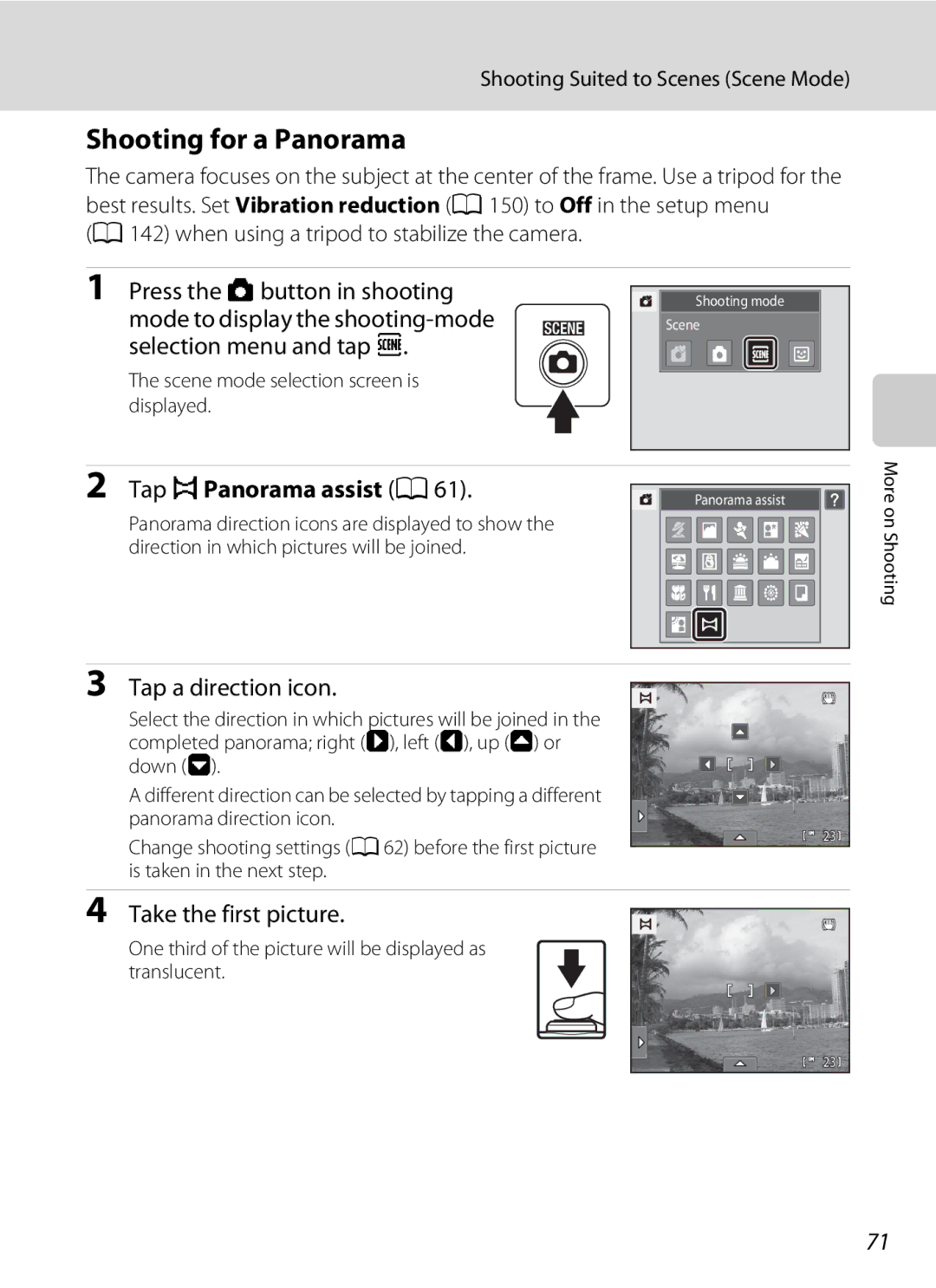 Nikon S1100pj user manual Shooting for a Panorama, Tap p Panorama assist a, Tap a direction icon, Take the first picture 