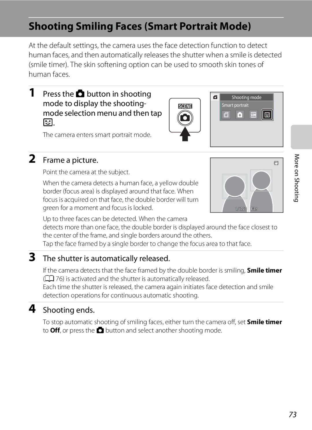 Nikon S1100pj user manual Shooting Smiling Faces Smart Portrait Mode, Mode selection menu and then tap, Shooting ends 