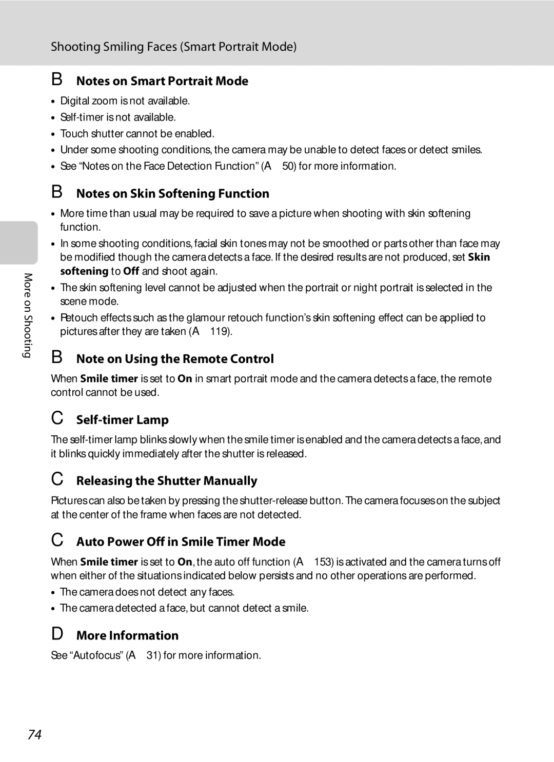 Nikon S1100pj user manual Shooting Smiling Faces Smart Portrait Mode, Self-timer Lamp, Releasing the Shutter Manually 