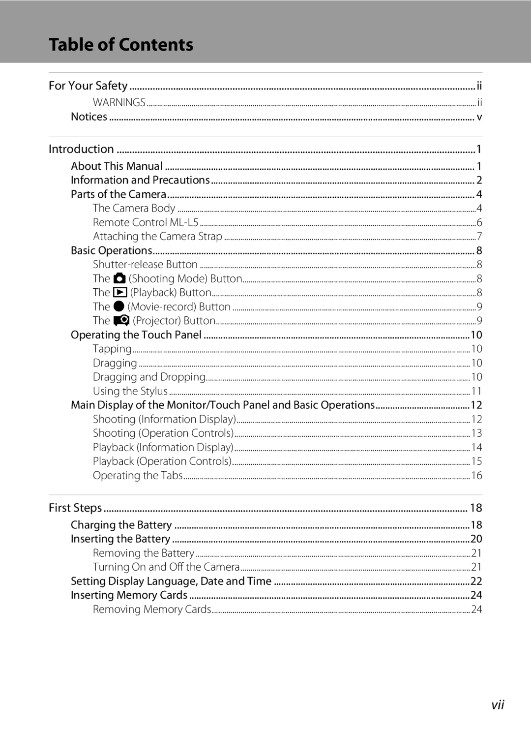 Nikon S1100pj user manual Table of Contents 